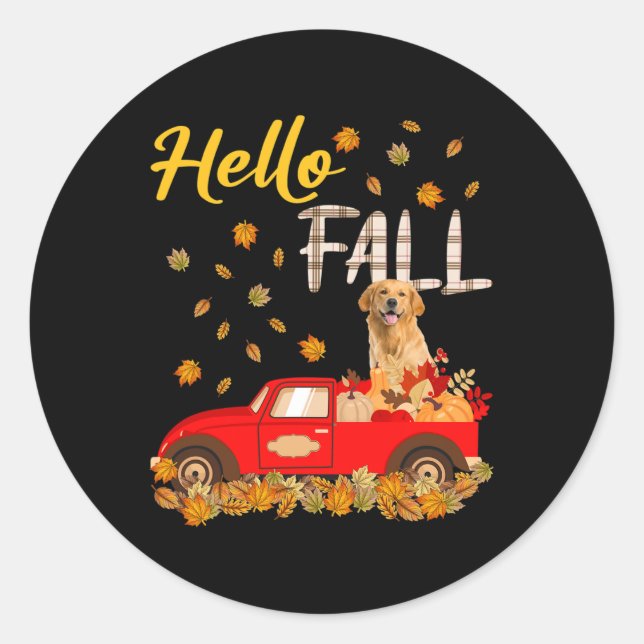 Pegatina Redonda Hola Cae Golden Retriever Leaf Otumn Red Truck (Anverso)