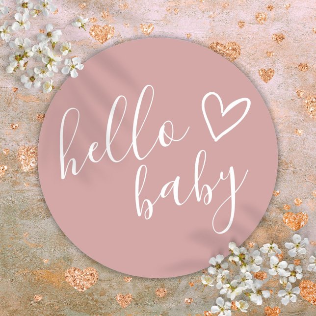 Pegatina Redonda Hola Chica de Baby Shower Dusty Rosa Cute Heart (Hello Baby Shower Girl Dusty Rose Cute Heart Classic Round Sticker)
