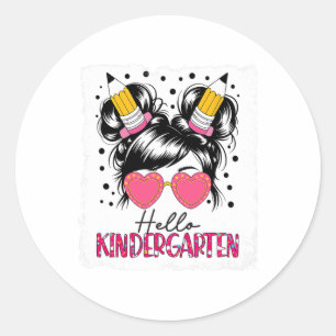 Pegatina Redonda Hola Chicas de Kindergarten Pelo Desordenado De vu
