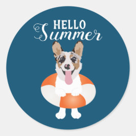 Pegatina Redonda Hola Corgi Beach Dogs de verano