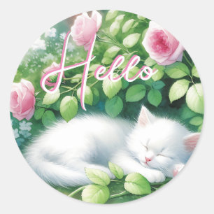 Pegatina Redonda ¡Hola   Dulce Napping White Kitten