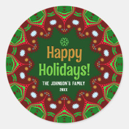 Pegatina Redonda Hola Happy Holidays Geometric Mandala