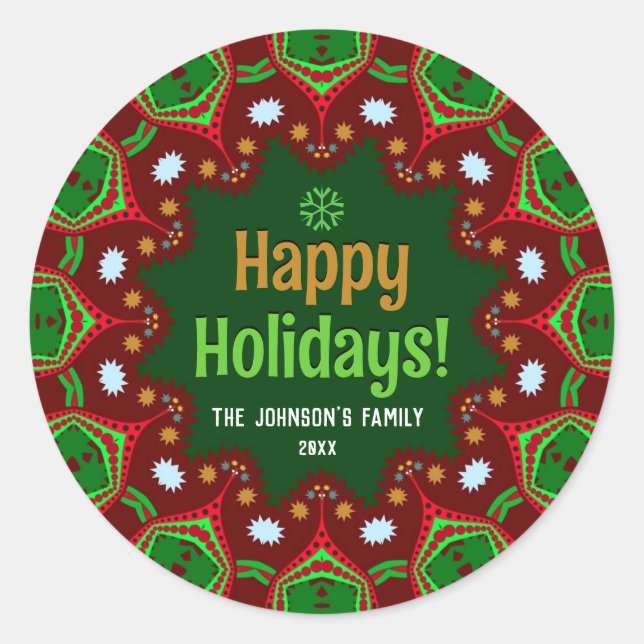 Pegatina Redonda Hola Happy Holidays Geometric Mandala (Anverso)