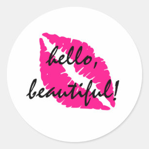 Pegatina Redonda Hola hermosa con lápiz labial rosa