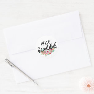Pegatina Redonda Hola hermosas rosas acuarela tipografía chic