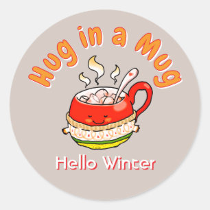Pegatina Redonda Hola Invierno Abrazo en una Taza Ilustración Kawai