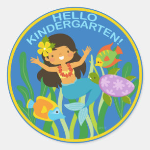 Pegatina Redonda ¡Hola Kindergarten! Sirena y peces