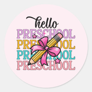 Pegatina Redonda Hola Lápiz de profesorado colorido preescolar