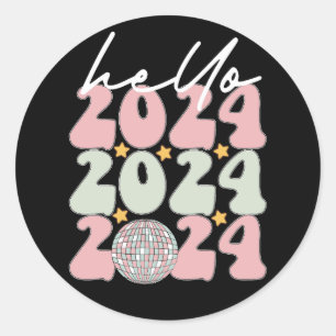 Pegatina Redonda Hola Navidades de Año Nuevo Groovy Happy 2024