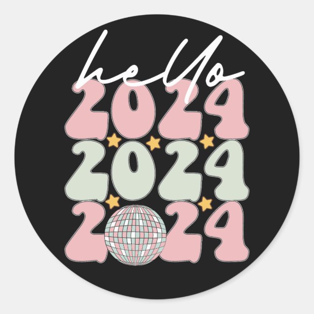 Pegatina Redonda Hola Navidades de Año Nuevo Groovy Happy 2024 (Anverso)