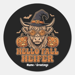 Pegatina Redonda Hola Novilla de Otoño Halloween Vaca Highland Retr