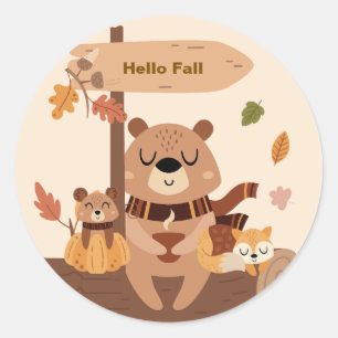 Pegatina Redonda Hola Otoño – Animales del Bosque Otoño 