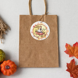 Pegatina Redonda Hola otoño, un gato lindo se sienta en el paraguas