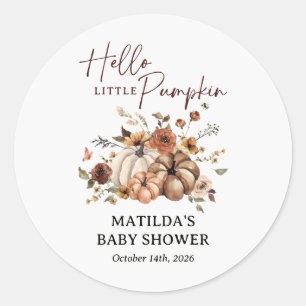 Pegatina Redonda Hola Pequeña Calabaza Baby Shower de Otoño