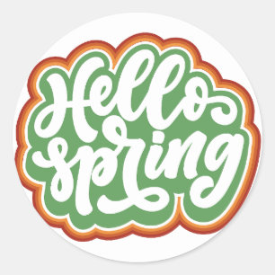 Pegatina Redonda hola primavera, tipografía colorida vintage de pri