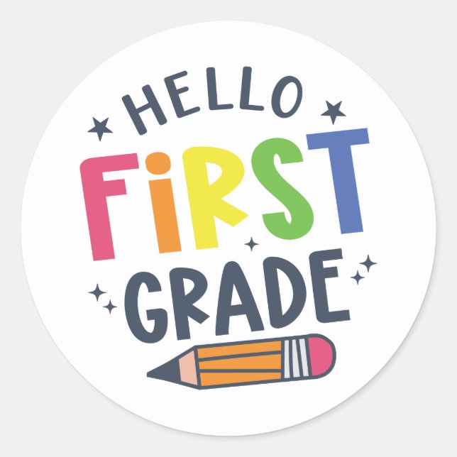 Pegatina Redonda Hola primer grado de vuelta a la escuela (Anverso)