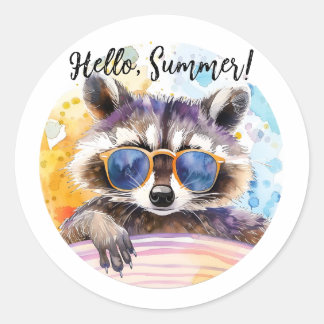 Pegatina Redonda Hola Raccoon de verano en gafas de sol Color de ag