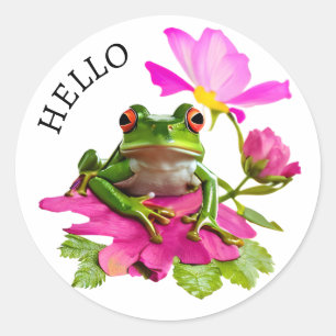 Pegatina Redonda ¡Hola! Rana o Sapo Bonito en Flores Rosas
