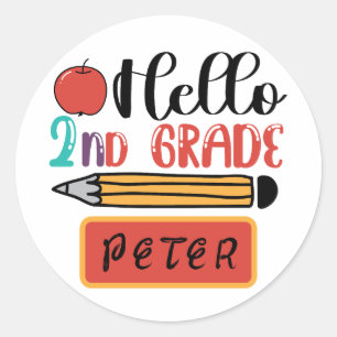 Pegatina Redonda Hola segundo grado personalizado de vuelta a la di
