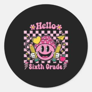 Pegatina Redonda Hola, sexto grado Groovy, sexto grado, de vuelta a