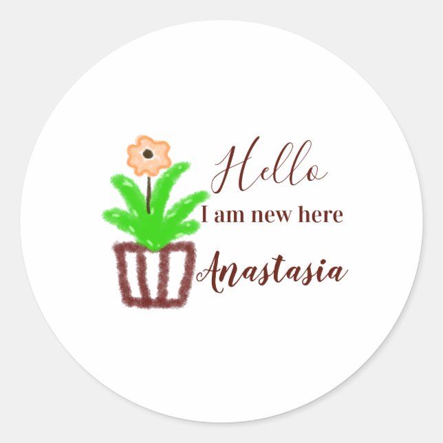 Pegatina Redonda Hola, soy nuevo aquí, bebé ducha niños hoja de flo (Anverso)