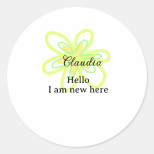 Pegatina Redonda Hola soy nuevo aquí nombre flor amarilla verde niñ