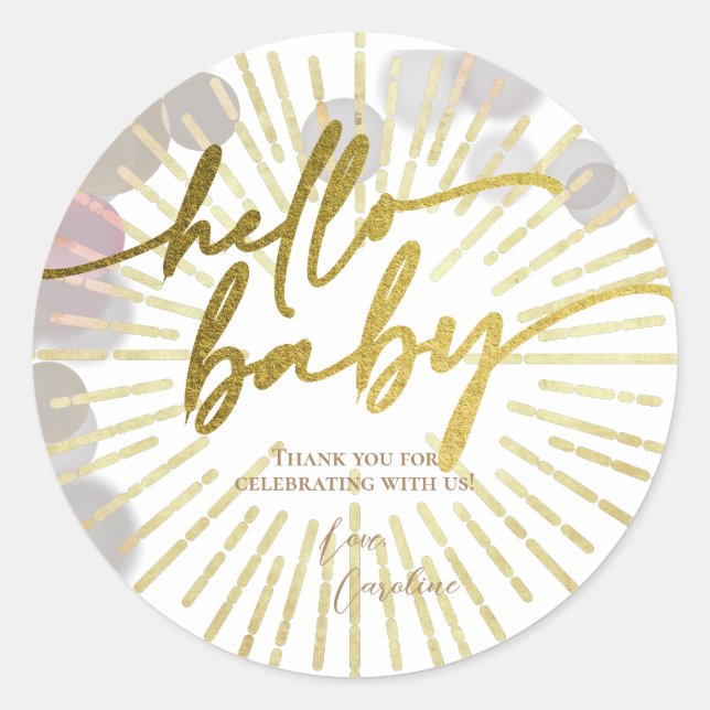 Pegatina Redonda Hola Sunshine Boho moderno Happy Baby Shower (Anverso)