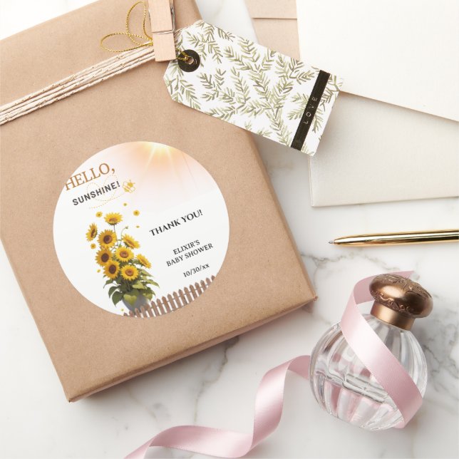 Pegatina Redonda Hola Sunshine Sunflower Garden Baby Shower (Regalar)