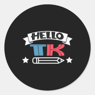Pegatina Redonda Hola T-K por diversión de Chica de niños de vuelta