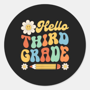 Pegatina Redonda Hola, tercer grado, de vuelta a los niños profesor