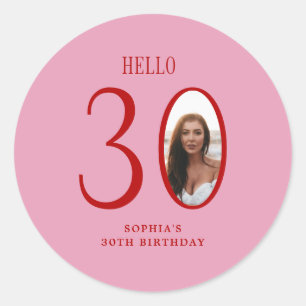 Pegatina Redonda Hola Treinta Fotografía Rosa y Roja 30 cumpleaños