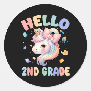 Pegatina Redonda Hola unicornio maestro de segundo grado primer día