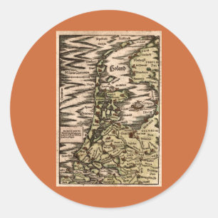 Pegatina Redonda "Holand" - mapa coloreado 1598 manos de Woodblock