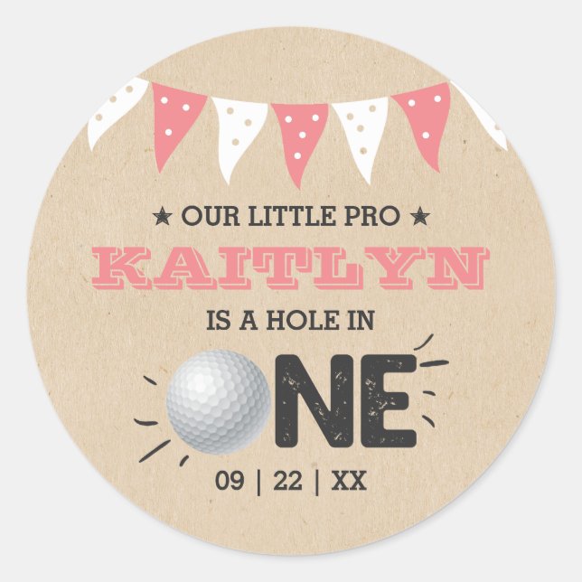 Pegatina Redonda Hole In One Chicas Golf 1er cumpleaños Par-tee (Anverso)