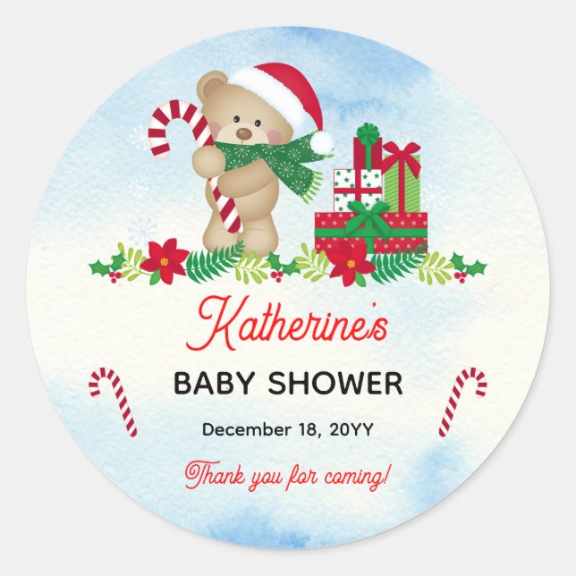 Pegatina Redonda Holiday Boy Bear Bearly Wait Baby Shower Gracias (Anverso)
