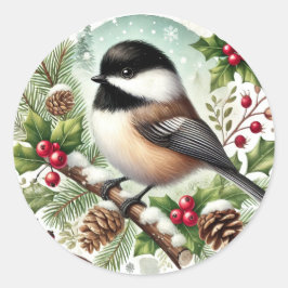 Pegatina Redonda Holiday Chickadee