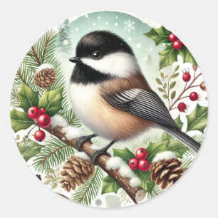 Pegatina Redonda Holiday Chickadee