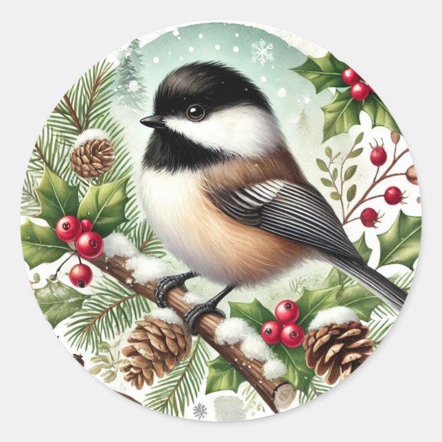 Pegatina Redonda Holiday Chickadee (Anverso)