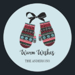 Pegatina Redonda Holiday Mittens Warm Wiers Christmas Sticker<br><div class="desc">Personalice el texto personalizado anterior. Puede encontrar elementos de coordinación adicionales en nuestra colección "Holiday Mittens Warm Wishes".</div>