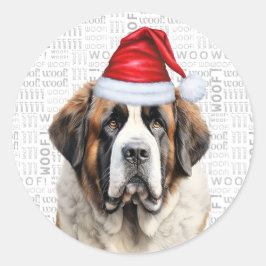 Pegatina Redonda Holiday Saint Bernard Dog and Woof Art Christmas