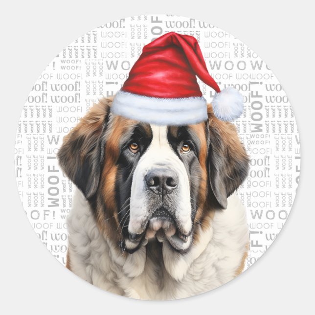 Pegatina Redonda Holiday Saint Bernard Dog and Woof Art Christmas (Anverso)