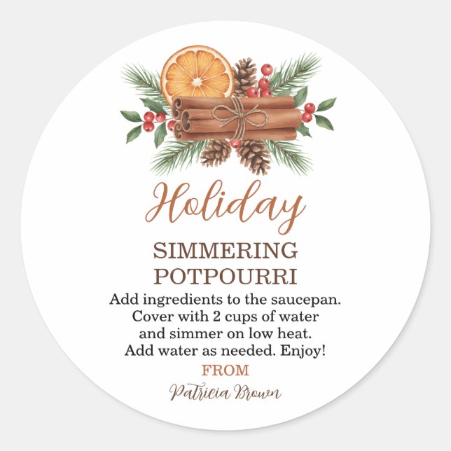 Pegatina Redonda Holiday Simmering Potpourri Personalized (Anverso)
