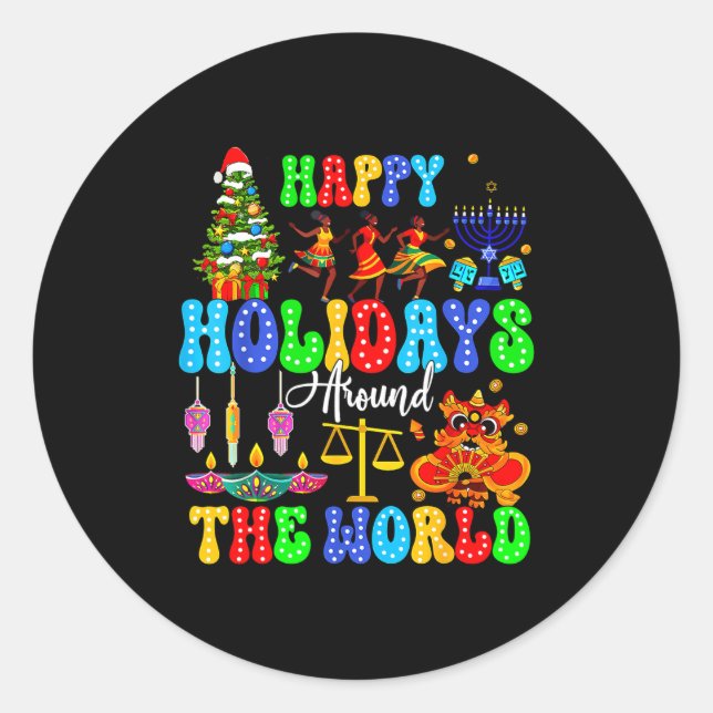 Pegatina Redonda Holidays Around World Xmas Hanukkah Kwanzaa Diwali (Anverso)