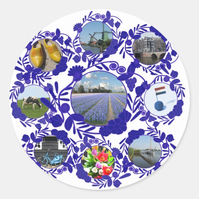 Pegatina Redonda Holland Delft Blue Delfware (Anverso)