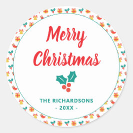 Pegatina Redonda Holly Bell Stocking Pattern Merry Christmas Name