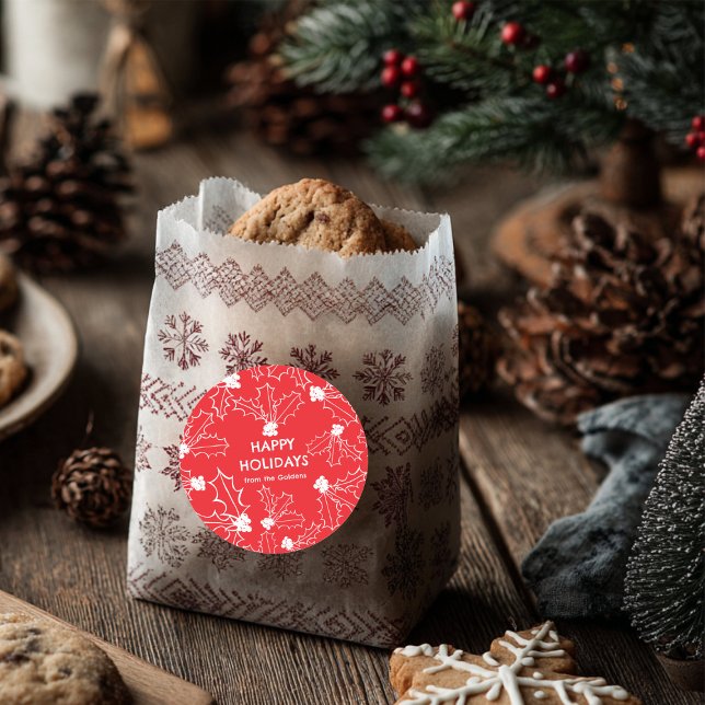 Pegatina Redonda Holly Berries Navidades PERSONALIZADO blanco rojo (Holly Berries Christmas CUSTOM red white Classic Round Sticker
)