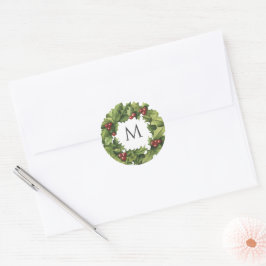 Pegatina Redonda Holly Berries Wreath Monograma Boda de Invierno