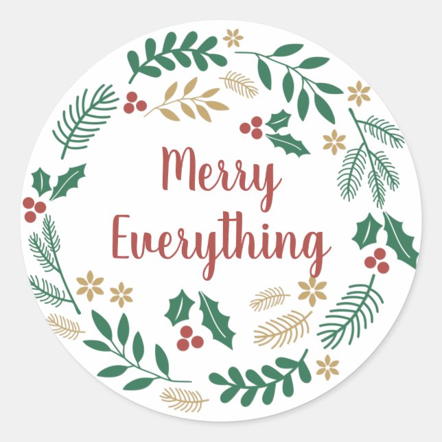 Pegatina Redonda Holly Berry Pine Wreath Merry Todo Holiday C (Anverso)
