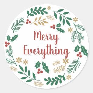 Pegatina Redonda Holly Berry Pine Wreath Merry Todo Holiday C