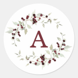 Pegatina Redonda Holly Berry Wreath Monogram Letter